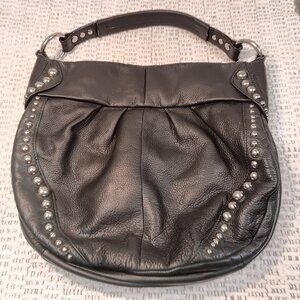 b. makowsky women's black pebbled leather silver tone stud hobo slouch bag purse